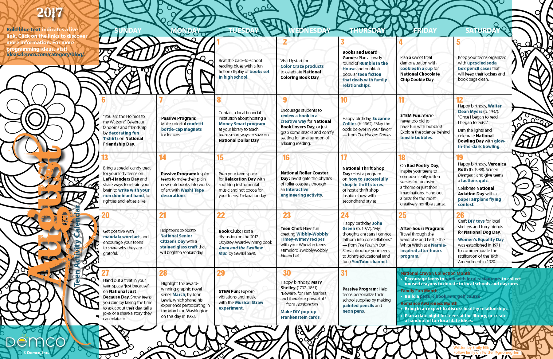 Teen Activity Calendar: August 2017